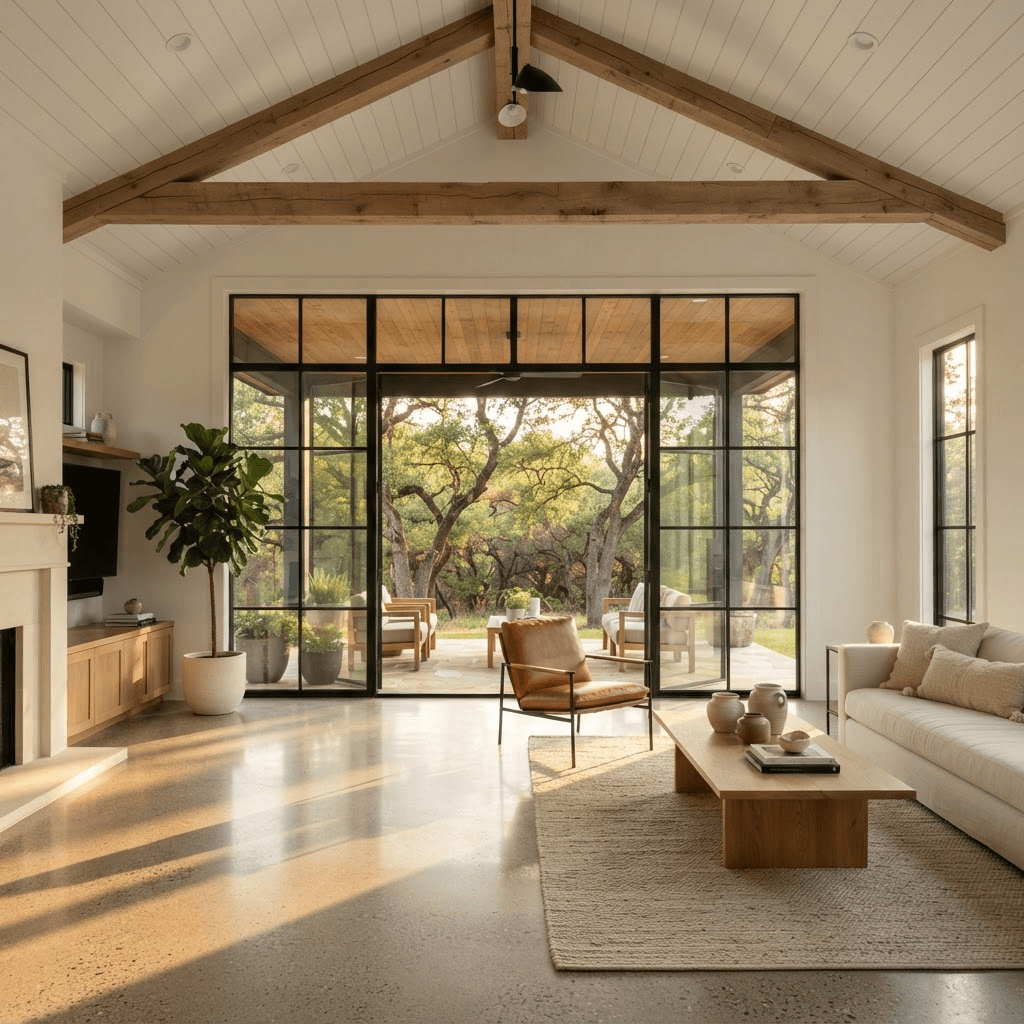 New home addition with vaulted ceiling and steel-framed glass doors in Austin — Austin, TX