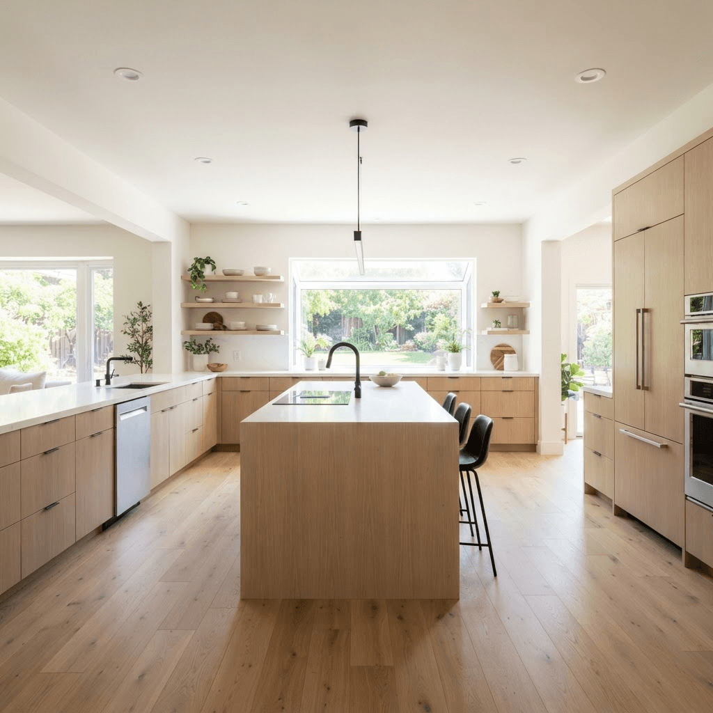 Remodeled Austin kitchen with white oak cabinets, quartz counters and an island — Austin, TX