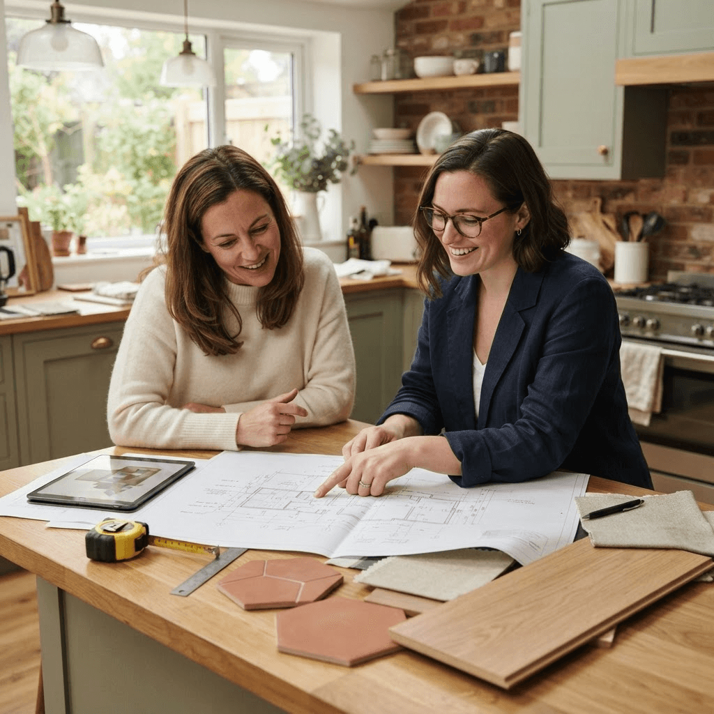 A Home Remodel Pro designer reviewing plans and material samples with a homeowner