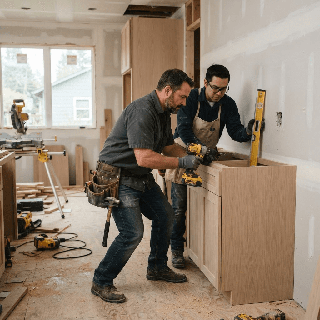 Home Remodel Pro carpenters installing custom cabinetry
