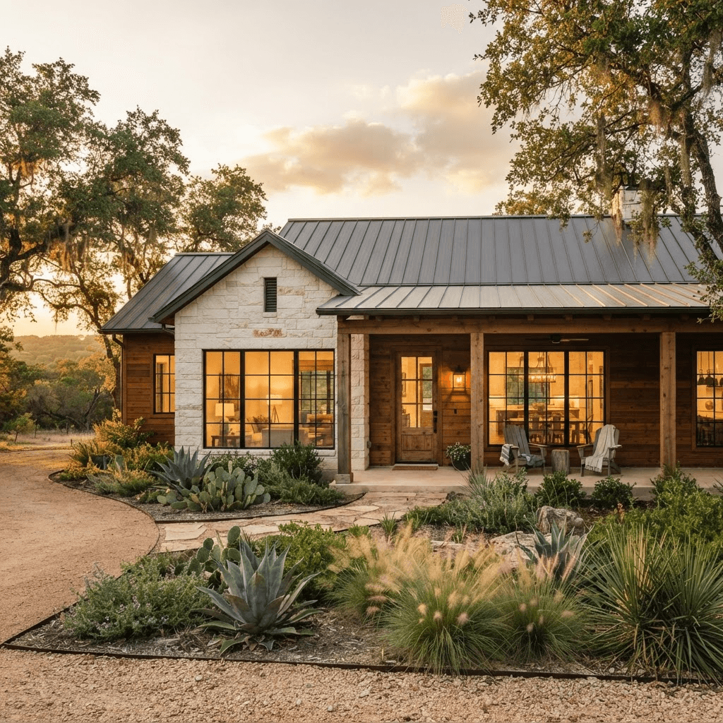 A limestone and cedar home with a standing-seam metal roof
