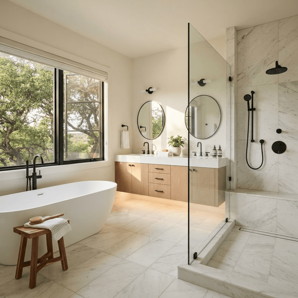 Remodeled primary bathroom with a freestanding tub and walk-in shower in Austin