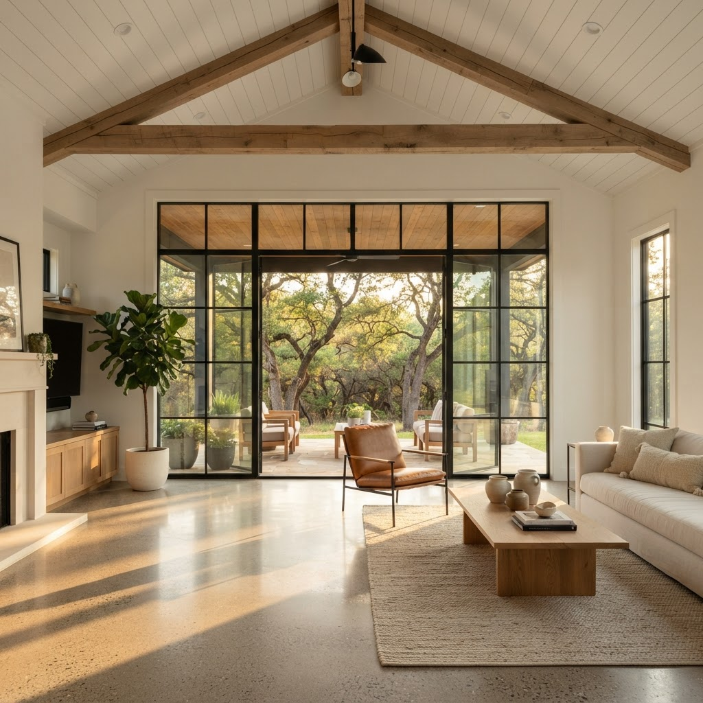 New home addition with vaulted ceiling and steel-framed glass doors in Austin