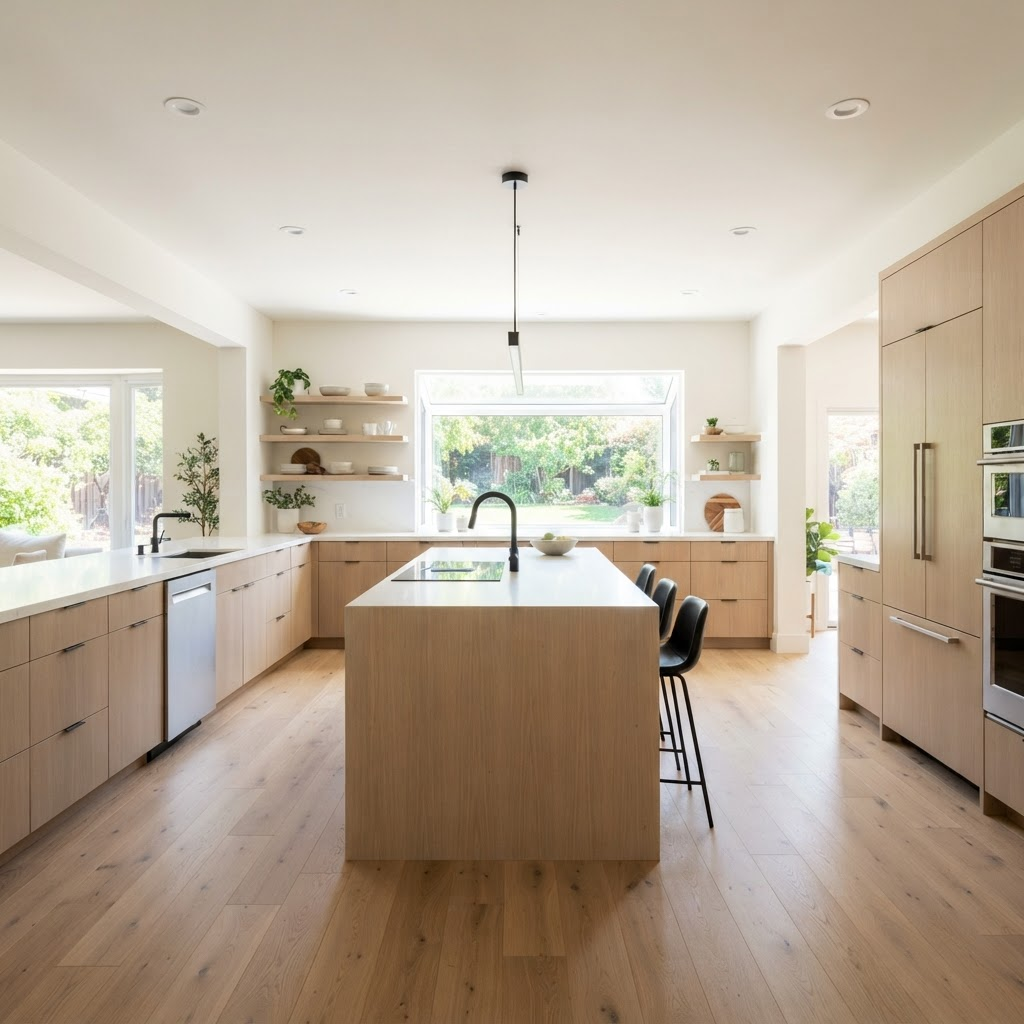 The same kitchen after remodeling with white oak cabinets, quartz counters, and an island