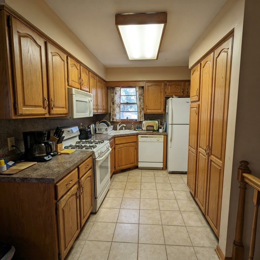 Dated 1990s kitchen with oak cabinets and laminate counters before remodeling