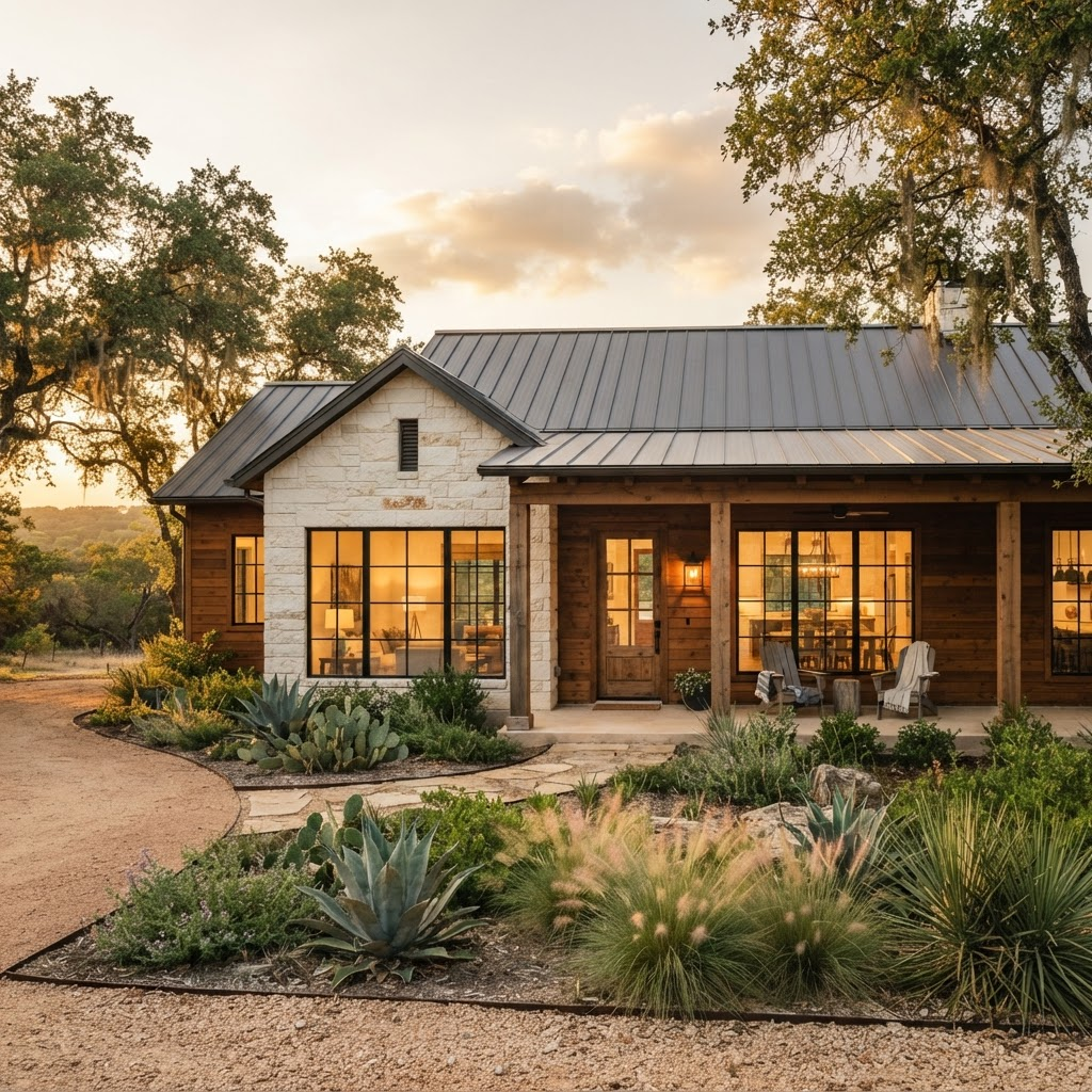 Remodeled Austin hill-country home with limestone and cedar exterior at golden hour