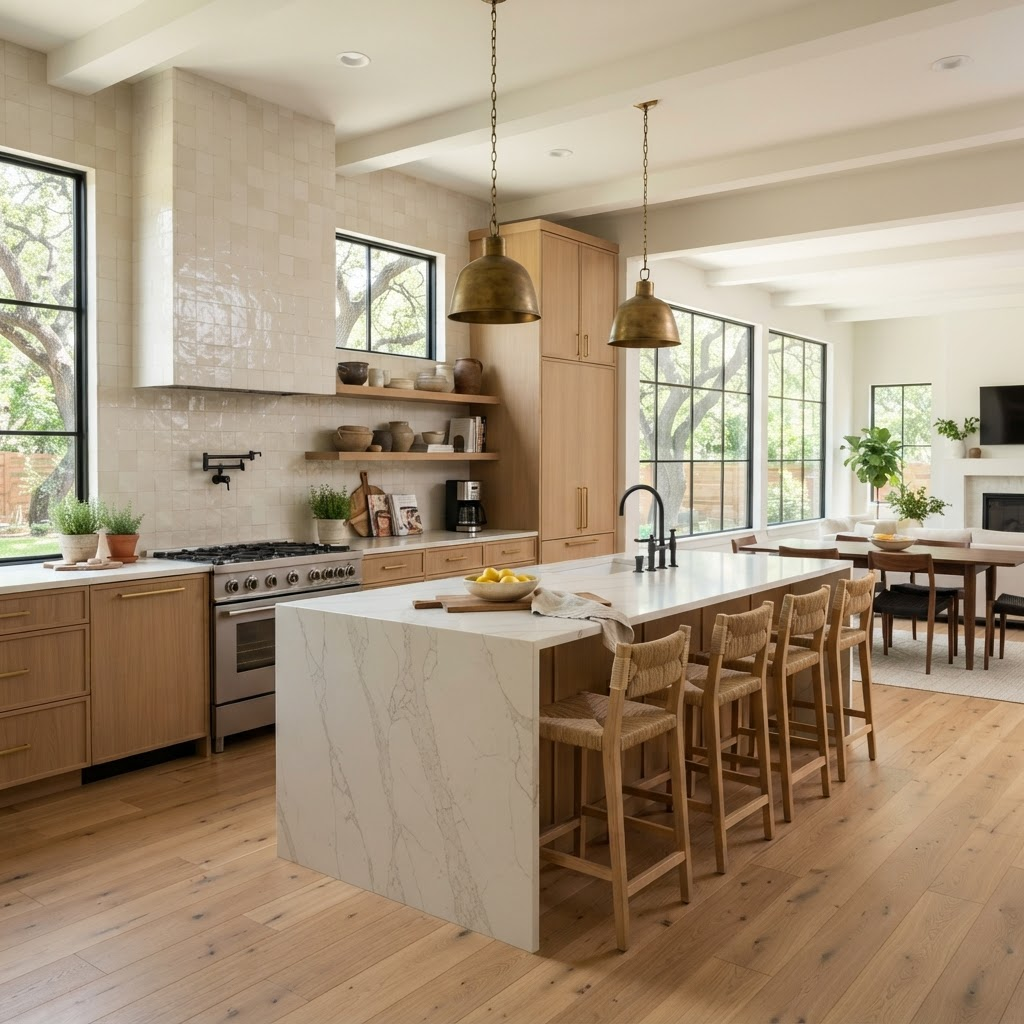 Remodeled Austin kitchen with white oak cabinetry and a quartz waterfall island