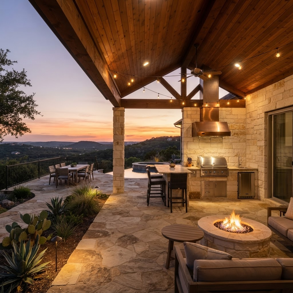 Covered patio and outdoor kitchen in Lakeway