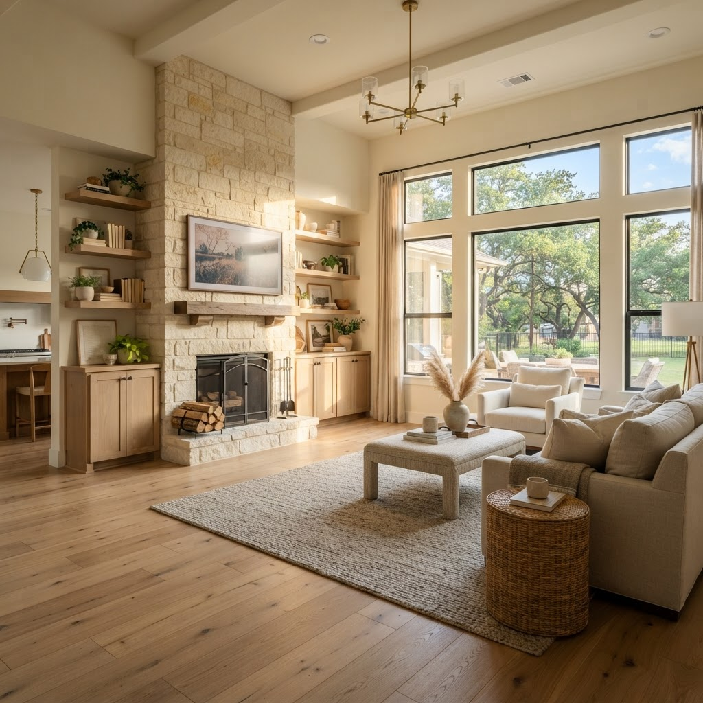 Living room remodel with limestone fireplace in Round Rock
